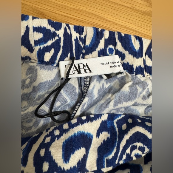 ZARA Blue White Ikat Print Wide Leg Pants Size M Made in Turkey - Picture 3 of 8